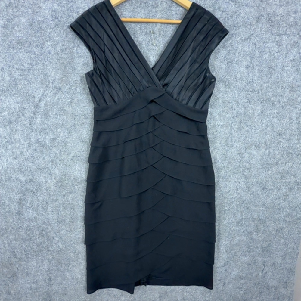 Adrianna Papell Cocktail Dress Womens 12 Black LBD Party Tiered Ruffle Pleated